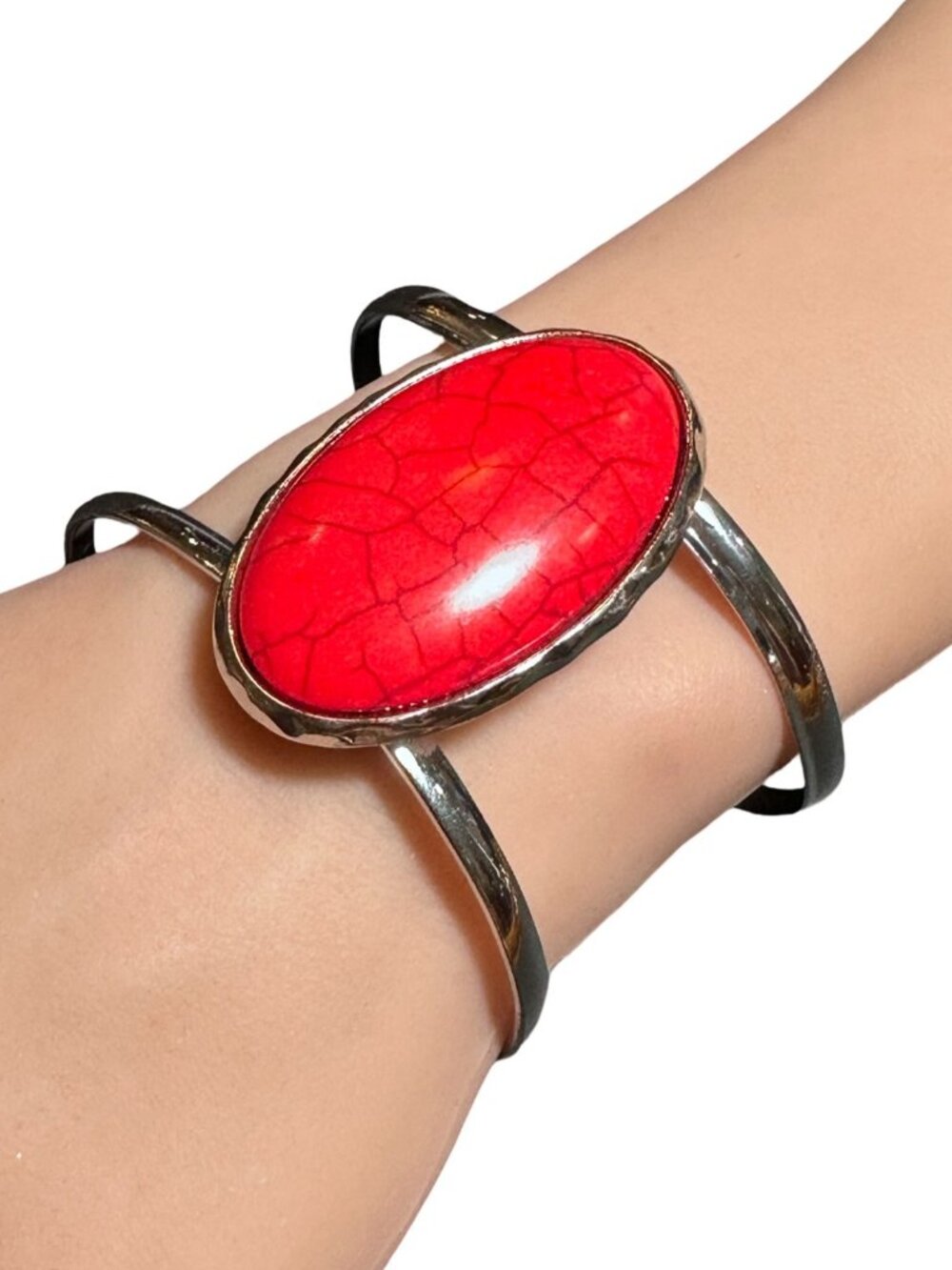 Cuff Bracelet Red Oval Center Silver Tone Crackle Finish Simulated Stone NWOT